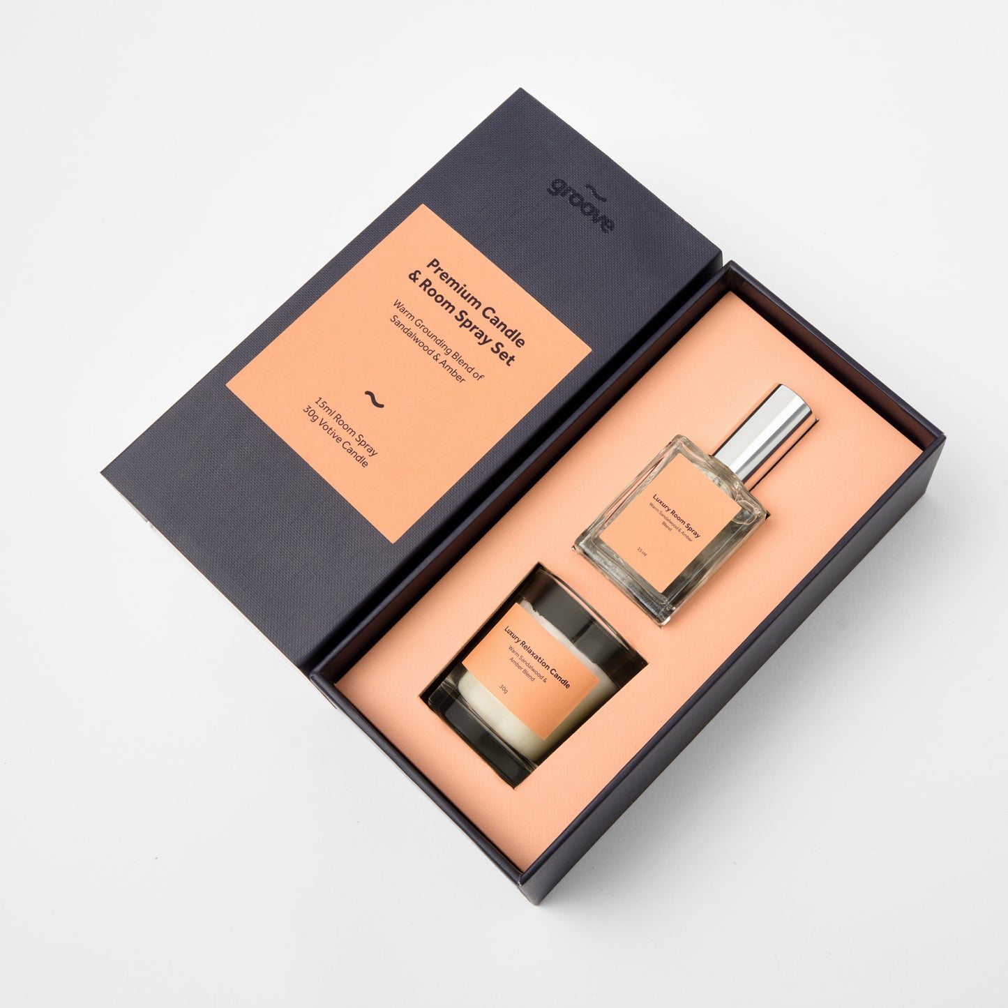 Premium Candle & Room Spray Set - Sandalwood & Amber